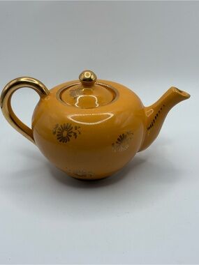 VTG I.C.A.P 1930’s Mustard Yellow Teapot Gold florals Italy Art Deco Handmade